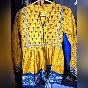 Yellow and Blue Women's Peasant Top